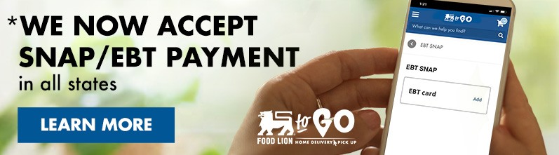 We now accept SNAP and EBT payment, Hands interacting with the EBT SNAP screen on Food Lion Top Go App, Food Lion To Go logo, bright and cheefrul background