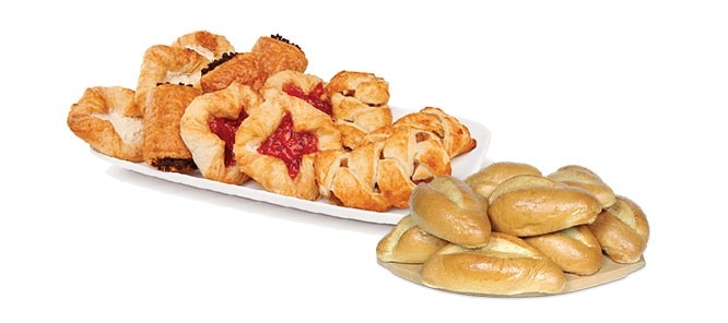 variety of bakes goods, danish, rolls, pastry