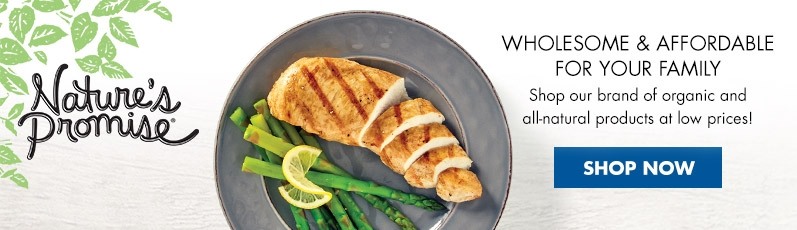 Natures Promise, wholesome & affordable for your family, Shop our brand of organic and all-natural products at low prices, Chicken and asparagus with lemon on dark plate