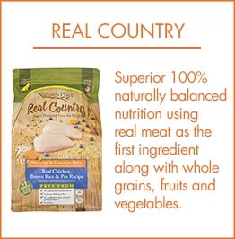 Real Country; Superior 100%  naturally balanced  nutrition using real meat as the  first ingredient  along with whole  grains, fruits and  vegetables.