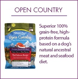 Open Country; Superior 100%  grain-free, high- protein formula  based on a dog’s natural ancestral meat and seafood  diet.