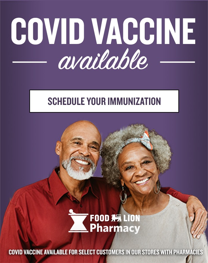 Happy senior couple arm-in-arm, Food Lion Pharmacy Logo, COVID Vaccine available for select customers in our stores with Pharmacies