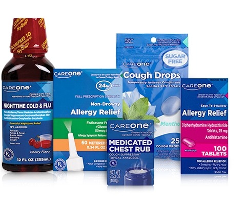 Assortment of CareOne brand Cough, Cold and Allergy products