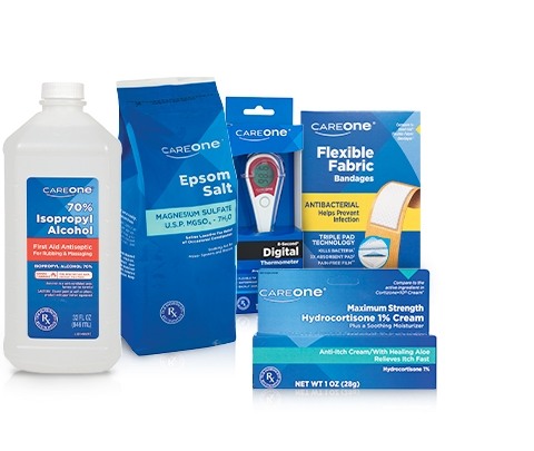 Assortment of CareOne brand First Aid Solutions