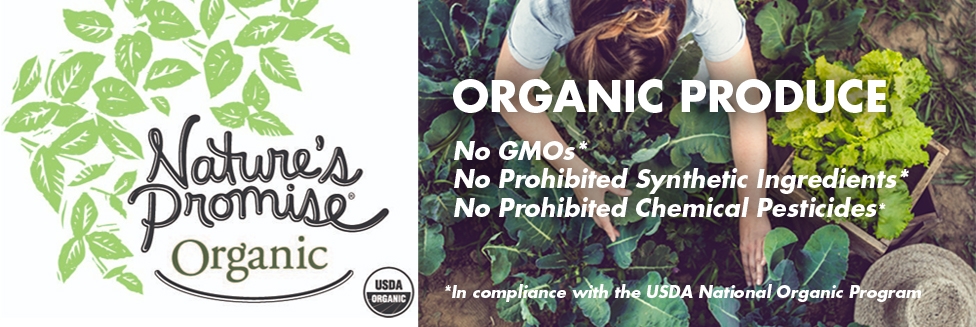 Nature's Promise Organic, Organic produce, No GMOs, No prohibited synthetic ingredients, No prohibited chemical pesticides, in compliance with the USDA National Organic Program, Woman tending to vegetable garden