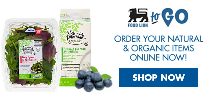 Food Lion To Go, Order your natural and organic items online now, Natures promise baby spinach and spring mix package, natures promise reduced fat milk carton, blueberries