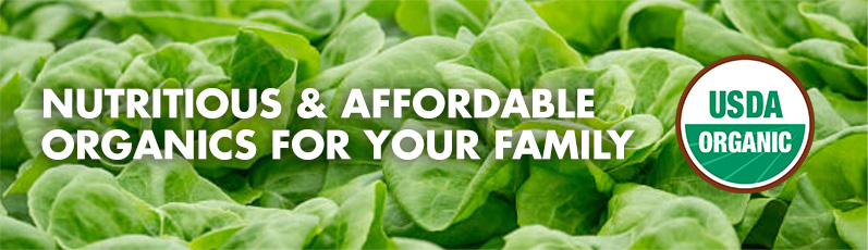 Nutritious and affordable organics for your family, USDA Organic logo, green leaf lettuce background