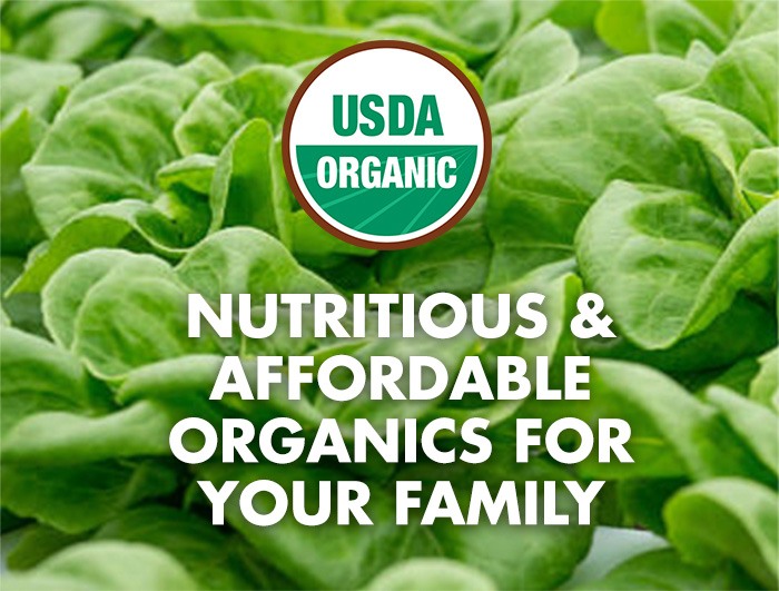 Nutritious and affordable organics for your family, USDA Organic logo, green leaf lettuce background