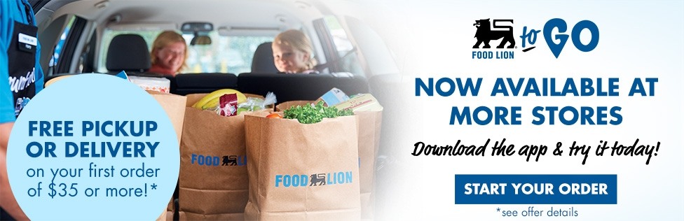 Food Lion To Go Now available in more stores, Free Pickup or Delivery on your first order of 35 dollars or more! Download the app and try it today! Check availability button, photo of Food Lion employee loading groceries into family's car, Mom and daughter smiling