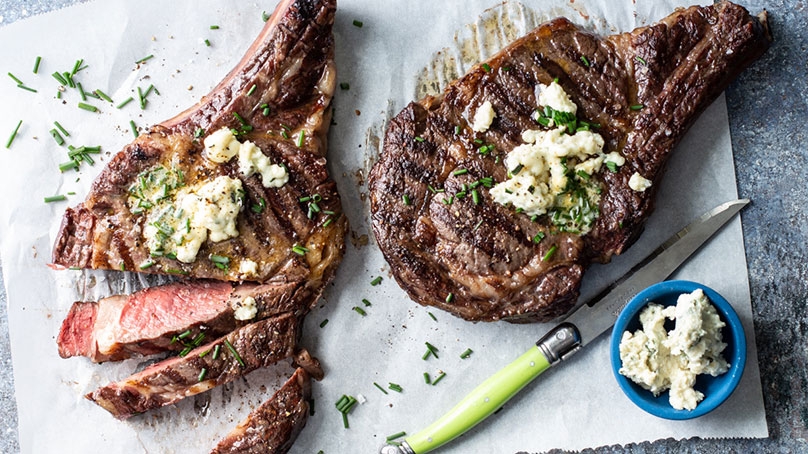 Grilled Rib Eye Steaks with Blue Cheese