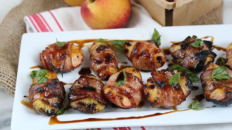 Bacon Wrapped Grilled Peaches with Balsamic Glaze