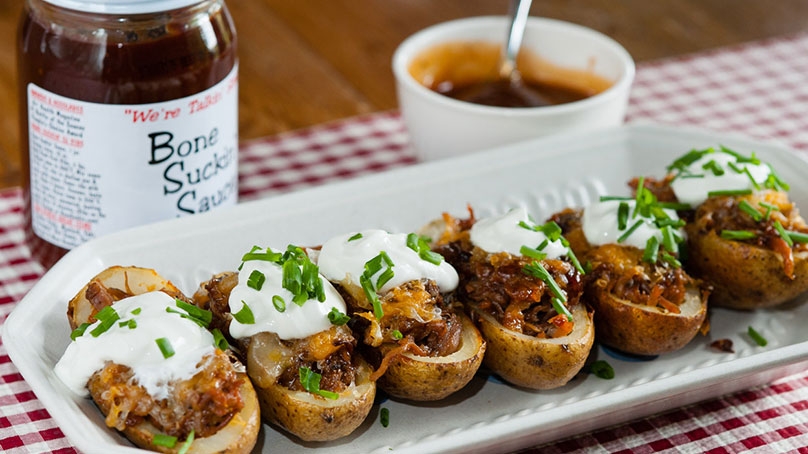 Bone Suckin' Pulled Pork Stuffed Potato Skins