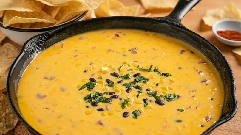 Cowboy Queso, cast-iron skillet, torilla chips