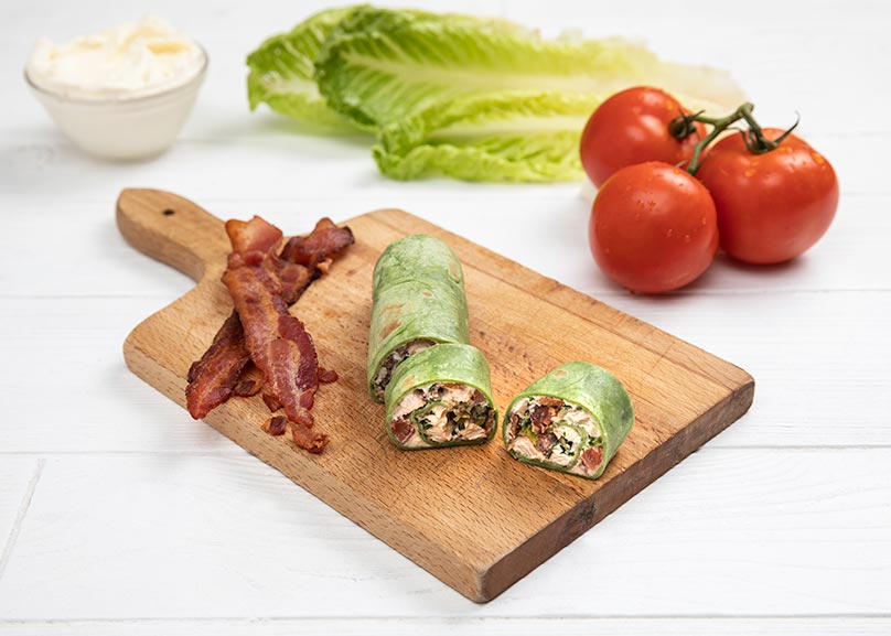 Chicken Bacon Ranch Roll-Up, Bacon, Tomatoes, Lettuce, Cream Cheese