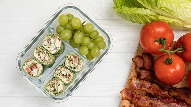 Chicken Bacon Ranch Roll-Ups, Green Grapes, Tomatoes, Bacon, Lettuce