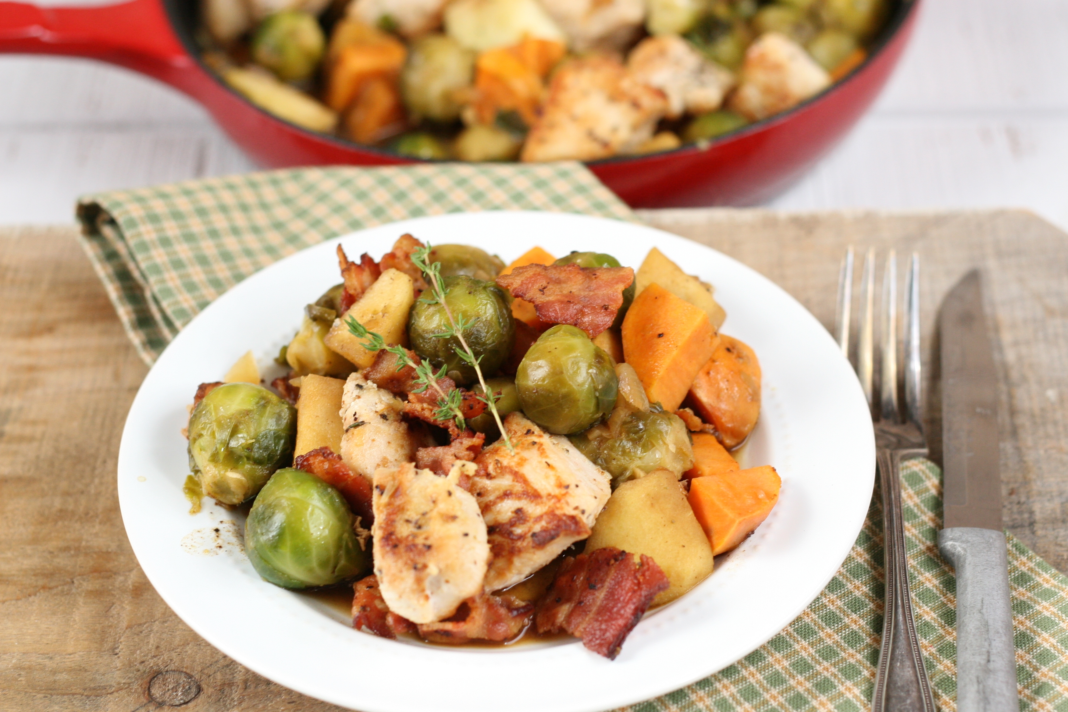 Chicken, Apple, Sweet Potato and Brussels Sprouts Skillet