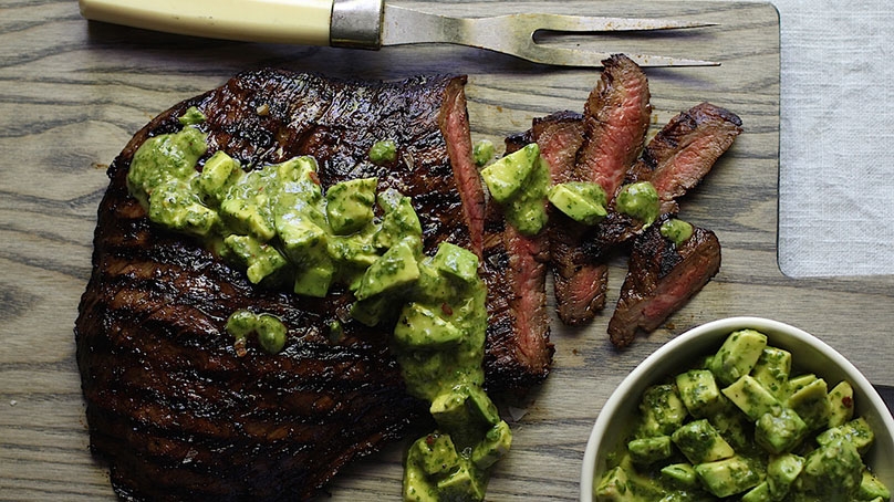 Grilled Flank Steak with Avocado Chimichurri