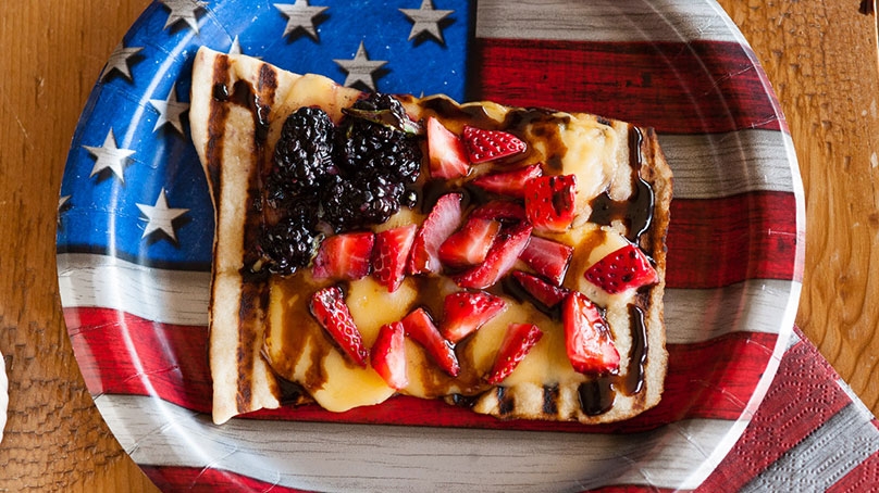 Grilled Fruit, Basil, and Brie Pizza Crisps