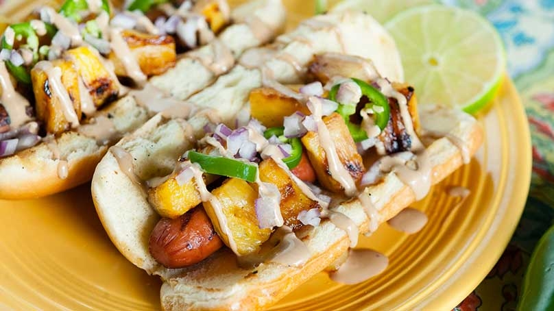 Hawaiian Hot Dog with Grilled Pineapple and Teriyaki Mayo 