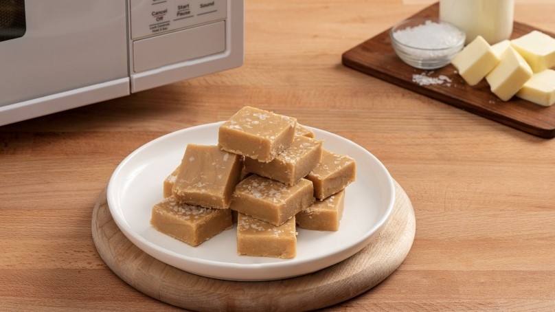 Microwave Salted Caramel Fudge pieces on a white plate. Microwave in the background. Wood surface. Wood plate with butter and salt in the background.