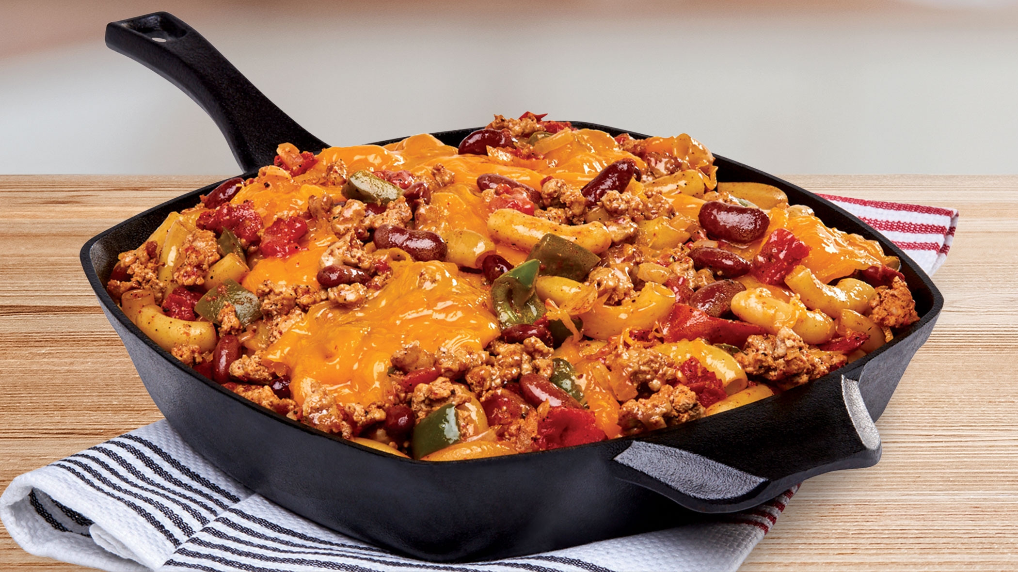 One Skillet Chili Mac & Cheese Bake