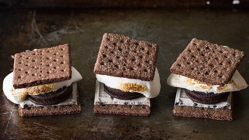 Trio of Cookies and Cream S’mores on terrazo countertop
