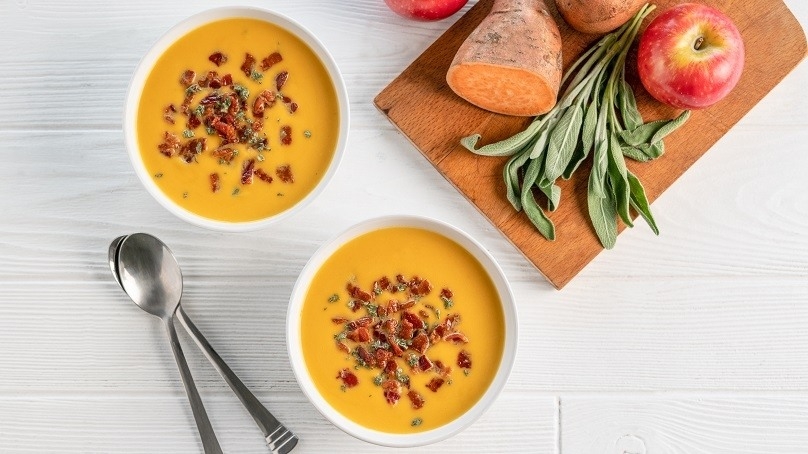 Creamy Sweet Potato, Apple &amp; Bacon Soup, spoon, bowls, apples, sweet potato, greens