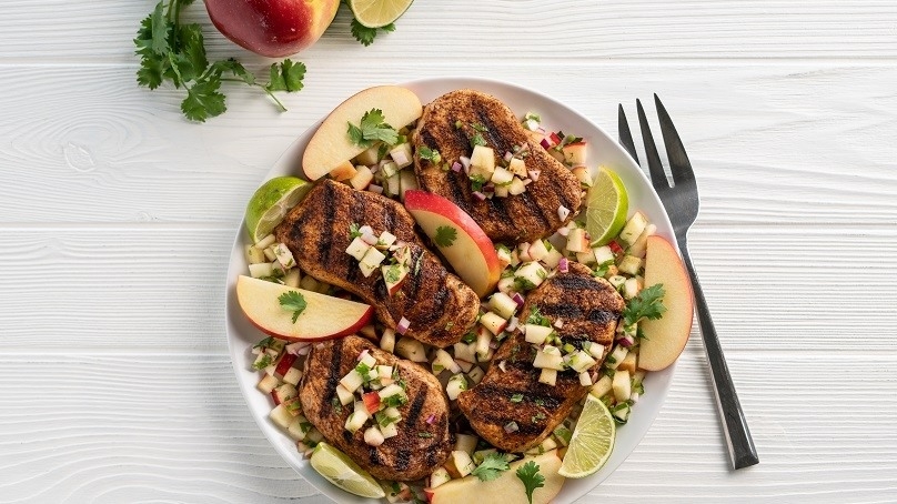 Grilled Pork Chops with Apple Salsa, plate, fork, apple, garnish