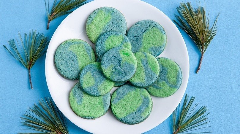 Earth day sugar cookies, white okate, blue tablecloth, cut greens