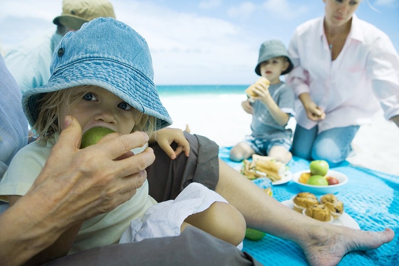 Family having a picnic lunch on the beach