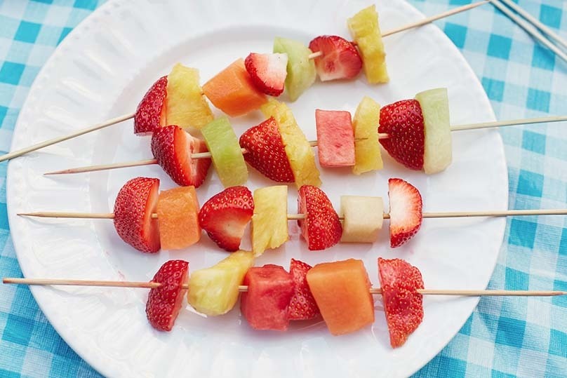 Fruit Skewers, strawberry, cantelope, pineapple, melon