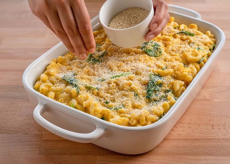 Comfort Food, Baked Butternut Squash Mac and Cheese in casserole dish, hand sprinkling topping