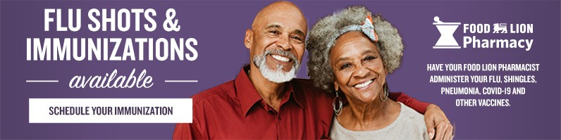 Happy senior couple arm-in-arm, Food Lion Pharmacy Logo, COVID Vaccine available for select customers in our stores with Pharmacies