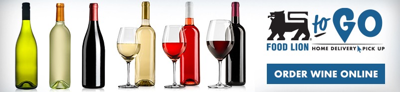 Variety of different types wine bottles, 3 wine glasses filled with wine, Food Lion To Go Logo